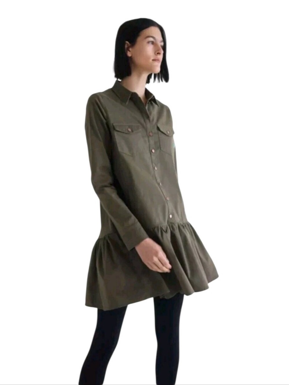 RUTI Coming Up Roses Twill Dress Utility Green Women's L/XL Tiered Long Sleeve
